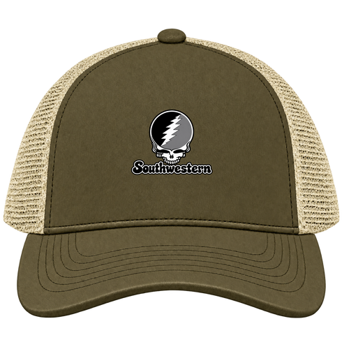 Southwestern Stealie Premium Unisex Trucker Cap — Design: Southwestern University — Moss/Khaki
