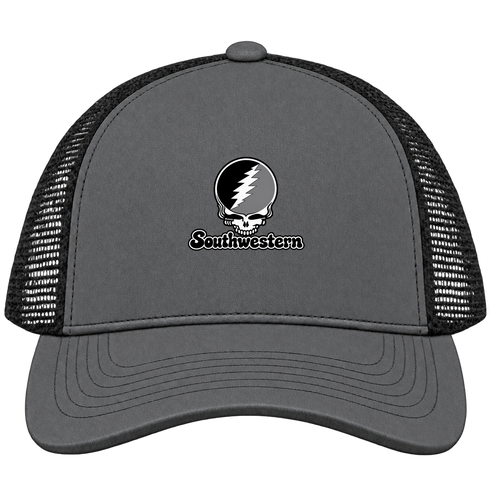 Southwestern Stealie Premium Unisex Trucker Cap — Design: Southwestern University — Charcoal/Black