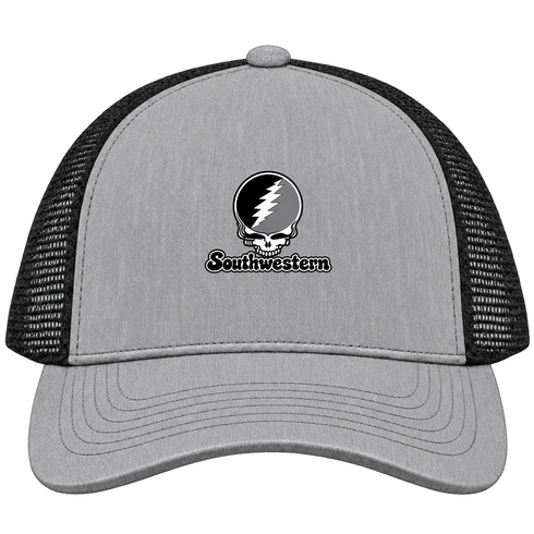Southwestern Stealie Premium Unisex Trucker Cap — Design: Southwestern University — Heather Grey/Black