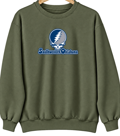 Southwestern Oklahoma Stealie Premium Unisex Crewneck — Design: Southwestern Oklahoma State University — Military Green