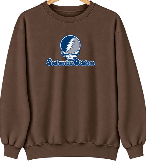 Southwestern Oklahoma Stealie Premium Unisex Crewneck — Design: Southwestern Oklahoma State University — Brown