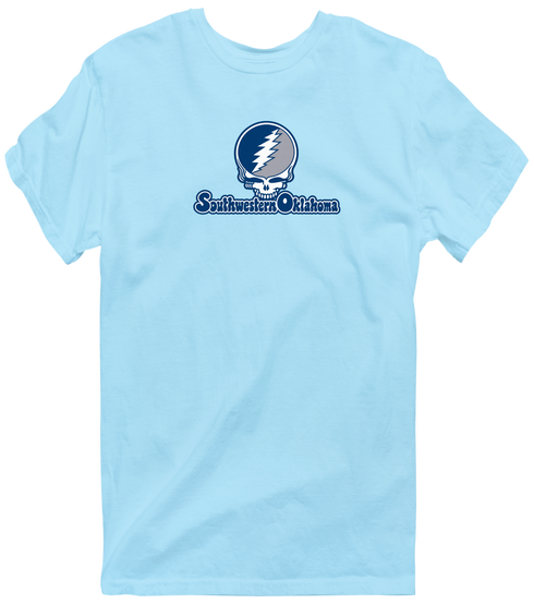 Southwestern Oklahoma Stealie Premium Unisex T-Shirt — Design: Southwestern Oklahoma State University — Light Blue