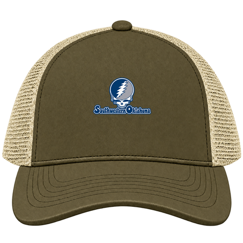 Southwestern Oklahoma Stealie Premium Unisex Trucker Cap — Design: Southwestern Oklahoma State University — Moss/Khaki