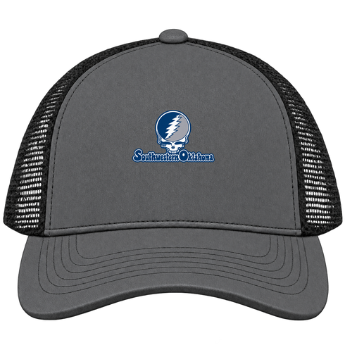 Southwestern Oklahoma Stealie Premium Unisex Trucker Cap — Design: Southwestern Oklahoma State University — Charcoal/Black