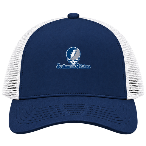 Southwestern Oklahoma Stealie Premium Unisex Trucker Cap — Design: Southwestern Oklahoma State University — Navy/White