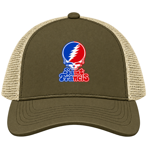 St Francis Stealie Premium Unisex Trucker Cap — Design: St. Francis College Brooklyn — Moss/Khaki