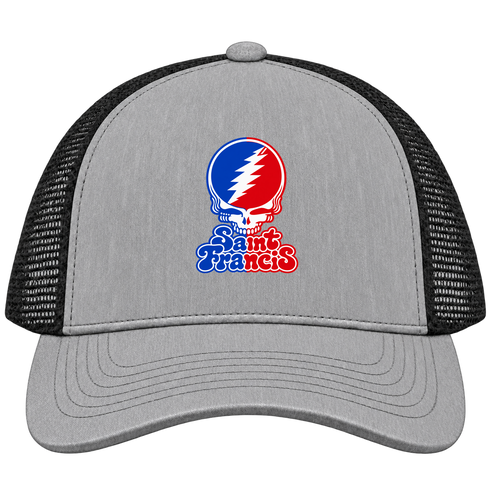 St Francis Stealie Premium Unisex Trucker Cap — Design: St. Francis College Brooklyn — Heather Grey/Black