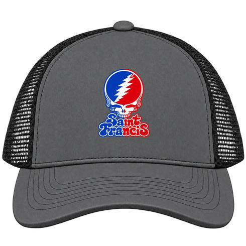 St Francis Stealie Premium Unisex Trucker Cap — Design: St. Francis College Brooklyn — Charcoal/Black