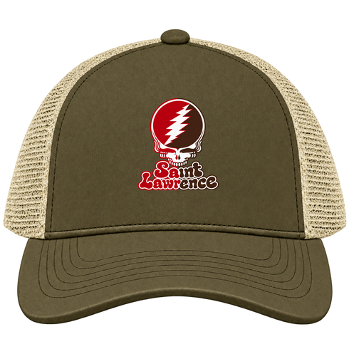 St Lawrence Stealie Premium Unisex Trucker Cap — Design: St Lawrence University — Moss/Khaki