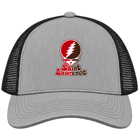 St Lawrence Stealie Premium Unisex Trucker Cap — Design: St Lawrence University — Heather Grey/Black