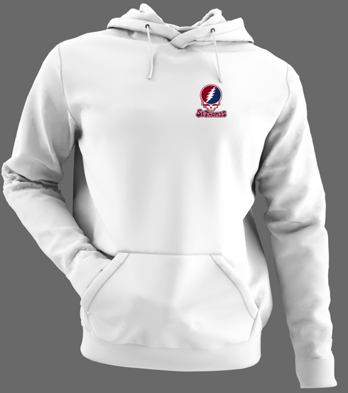 St Thomas Stealie Premium Unisex Hoodie — Design: St Thomas University — White/Grey