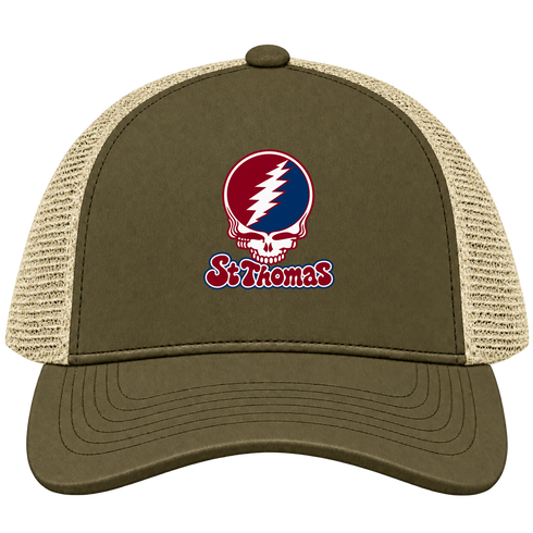 St Thomas Stealie Premium Unisex Trucker Cap — Design: St Thomas University — Moss/Khaki