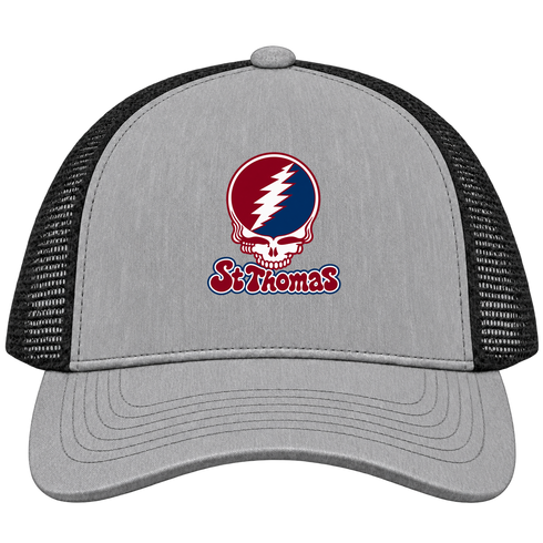 St Thomas Stealie Premium Unisex Trucker Cap — Design: St Thomas University — Heather Grey/Black