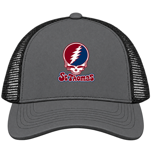 St Thomas Stealie Premium Unisex Trucker Cap — Design: St Thomas University — Charcoal/Black