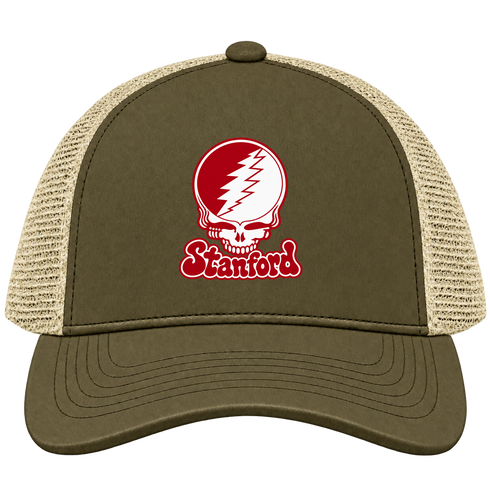 Stanford Stealie Premium Unisex Trucker Cap — Design: Stanford University — Moss/Khaki