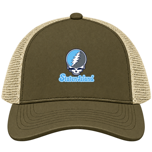 Staten Island Stealie Premium Unisex Trucker Cap — Design: Staten Island College of — Moss/Khaki