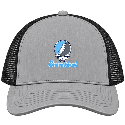 Staten Island Stealie Premium Unisex Trucker Cap — Design: Staten Island College of — Heather Grey/Black