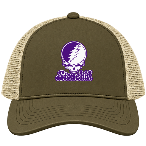 Stonehill Stealie Premium Unisex Trucker Cap — Design: Stonehill College — Moss/Khaki
