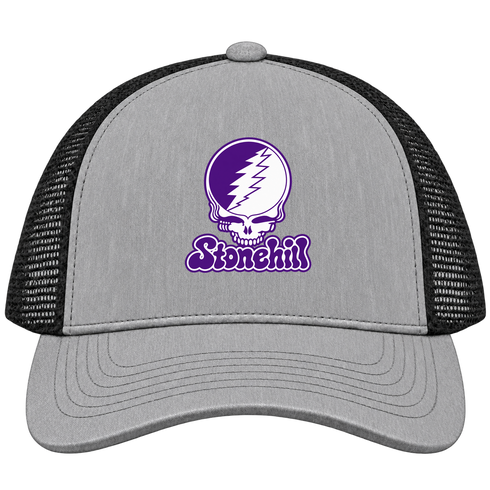 Stonehill Stealie Premium Unisex Trucker Cap — Design: Stonehill College — Heather Grey/Black
