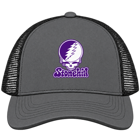 Stonehill Stealie Premium Unisex Trucker Cap — Design: Stonehill College — Charcoal/Black