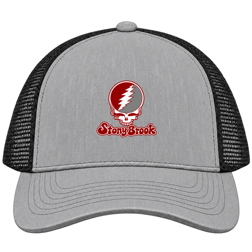 Stony Brook Stealie Premium Unisex Trucker Cap — Design: Stony Brook University — Heather Grey/Black