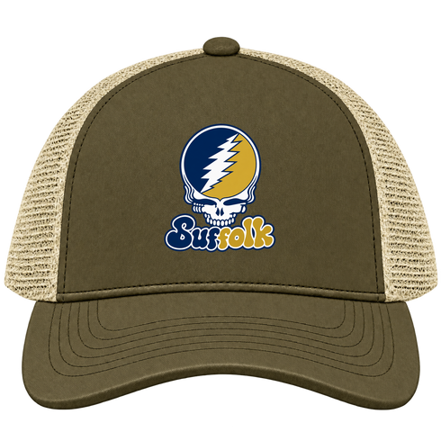 Suffolk Stealie Premium Unisex Trucker Cap — Design: Suffolk University — Moss/Khaki