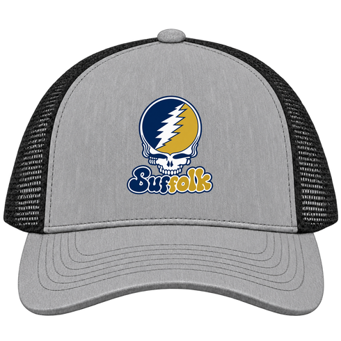 Suffolk Stealie Premium Unisex Trucker Cap — Design: Suffolk University — Heather Grey/Black