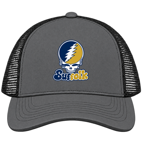 Suffolk Stealie Premium Unisex Trucker Cap — Design: Suffolk University — Charcoal/Black