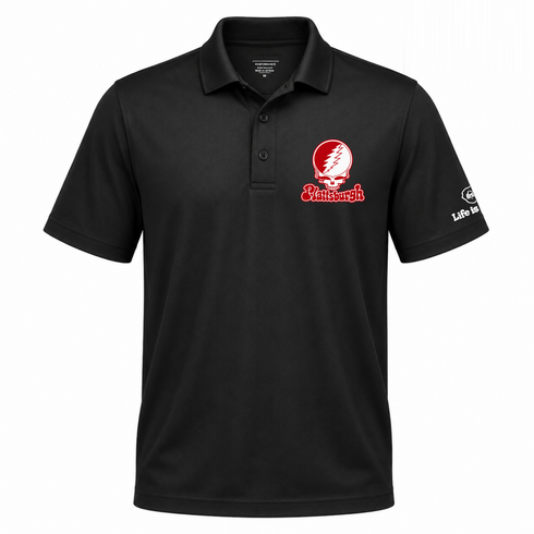 Plattsburgh Stealie Premium Unisex Polo — Design: SUNY Plattsburgh — Black