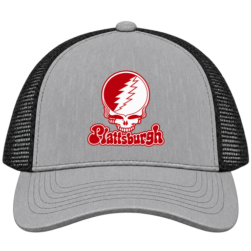 Plattsburgh Stealie Premium Unisex Trucker Cap — Design: SUNY Plattsburgh — Heather Grey/Black