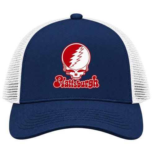 Plattsburgh Stealie Premium Unisex Trucker Cap — Design: SUNY Plattsburgh — Navy/White