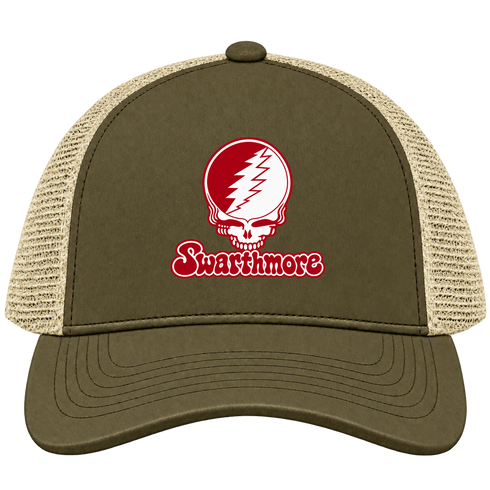Swarthmore Stealie Premium Unisex Trucker Cap — Design: Swarthmore College — Moss/Khaki