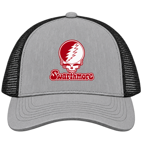 Swarthmore Stealie Premium Unisex Trucker Cap — Design: Swarthmore College — Heather Grey/Black