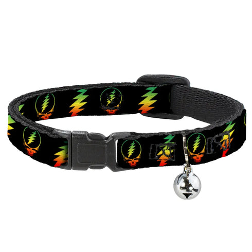 Grateful Dead - Cat Collar Breakaway - Steal Your Face w Lightning Bolt Repeat Black Rasta - StealieShop
