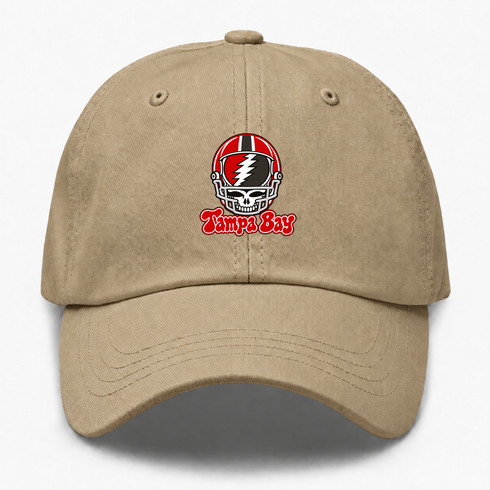Tampa Bay Helmet Stealie Premium Unisex Dad Hat — Tampa Bay Buccaneers — Khaki