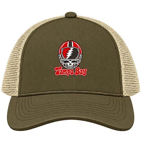Tampa Bay Helmet Stealie Premium Unisex Trucker Cap — Tampa Bay Buccaneers — Moss/Khaki