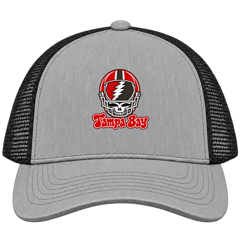 Tampa Bay Helmet Stealie Premium Unisex Trucker Cap — Tampa Bay Buccaneers — Heather Grey/Black