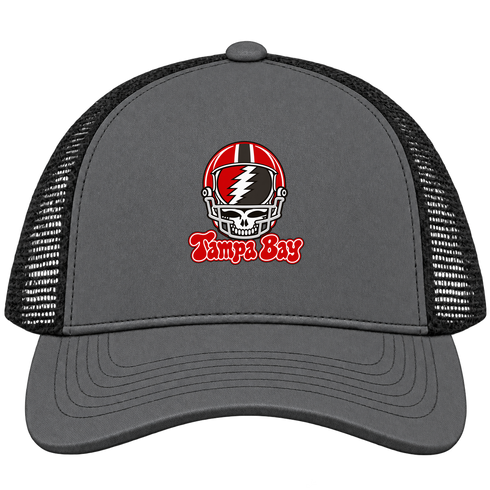 Tampa Bay Helmet Stealie Premium Unisex Trucker Cap — Tampa Bay Buccaneers — Charcoal/Black