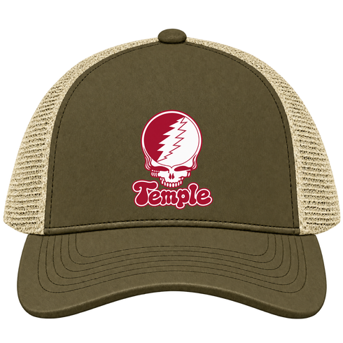 Temple Stealie Premium Unisex Trucker Cap — Design: Temple University — Moss/Khaki