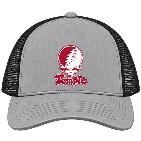 Temple Stealie Premium Unisex Trucker Cap — Design: Temple University — Heather Grey/Black