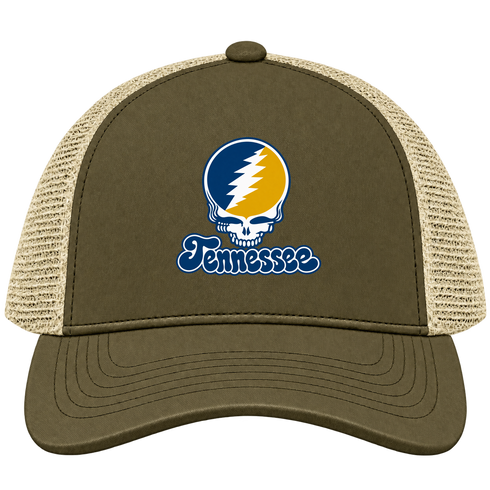 Chatanooga Stealie Premium Unisex Trucker Cap — Design: Tennesee Chatanooga — Moss/Khaki