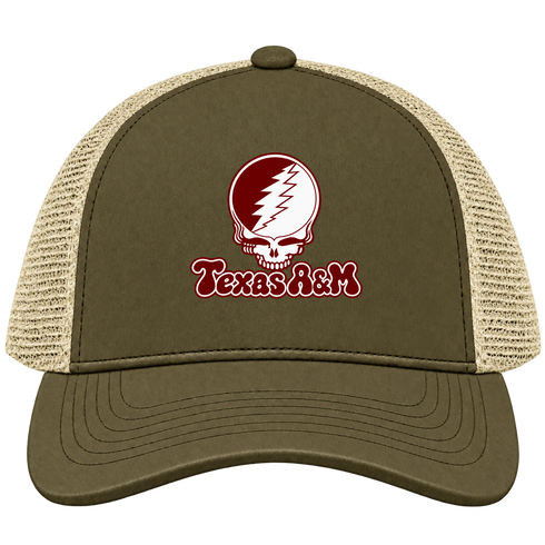 Texas A&M Stealie Premium Unisex Trucker Cap — Design: Texas A&M University — Moss/Khaki