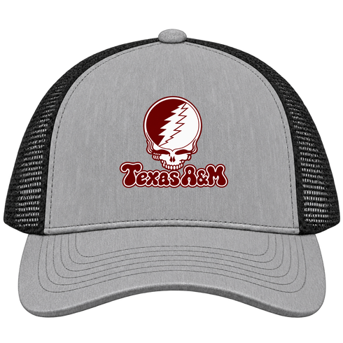 Texas A&M Stealie Premium Unisex Trucker Cap — Design: Texas A&M University — Heather Grey/Black