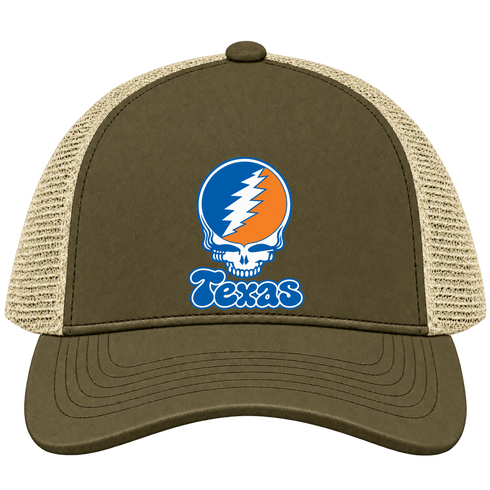 Texas Stealie Premium Unisex Trucker Cap — Design: Texas University of — Moss/Khaki