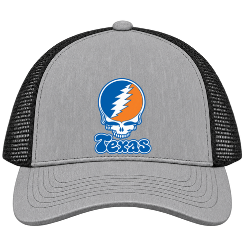 Texas Stealie Premium Unisex Trucker Cap — Design: Texas University of — Heather Grey/Black