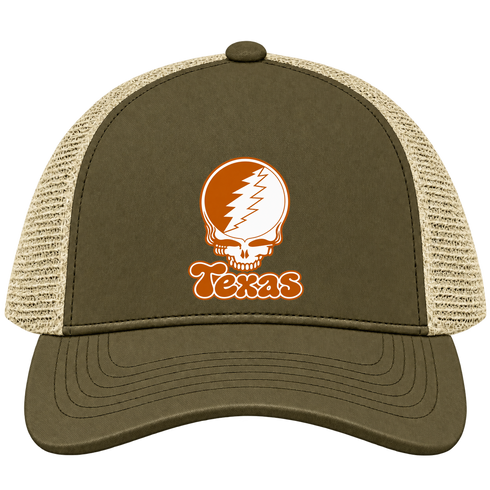 Texas Stealie Premium Unisex Trucker Cap — Design: Texas University of — Moss/Khaki