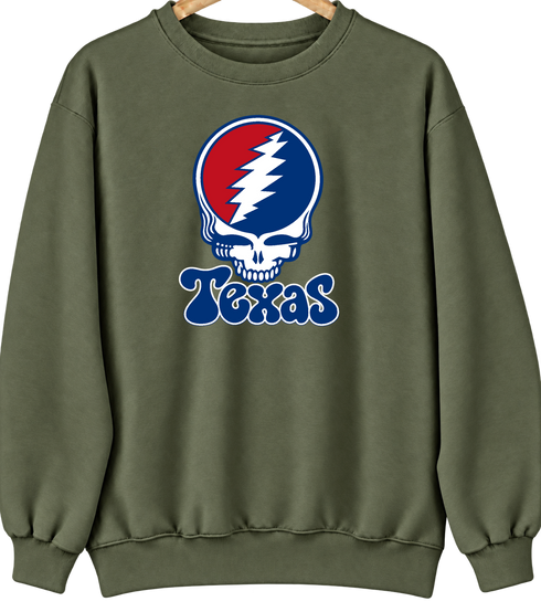 Texas Baseball Stealie Grateful Dead Crewneck — Texas Rangers — Military Green
