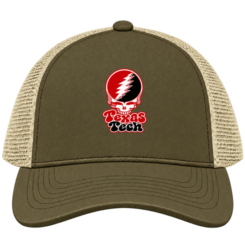 Texas Tech Stealie Premium Unisex Trucker Cap — Design: Texas Tech — Moss/Khaki