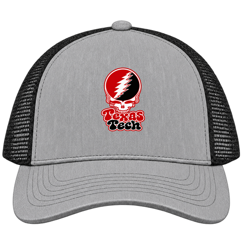 Texas Tech Stealie Premium Unisex Trucker Cap — Design: Texas Tech — Heather Grey/Black