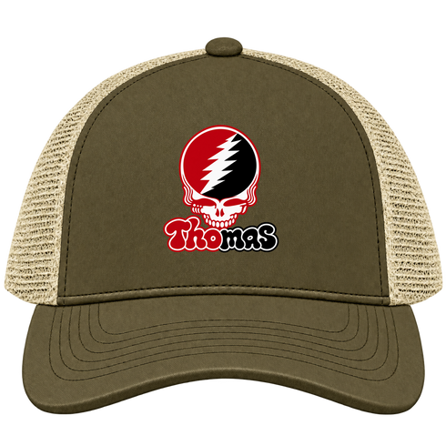 Thomas Stealie Premium Unisex Trucker Cap — Design: Thomas College — Moss/Khaki